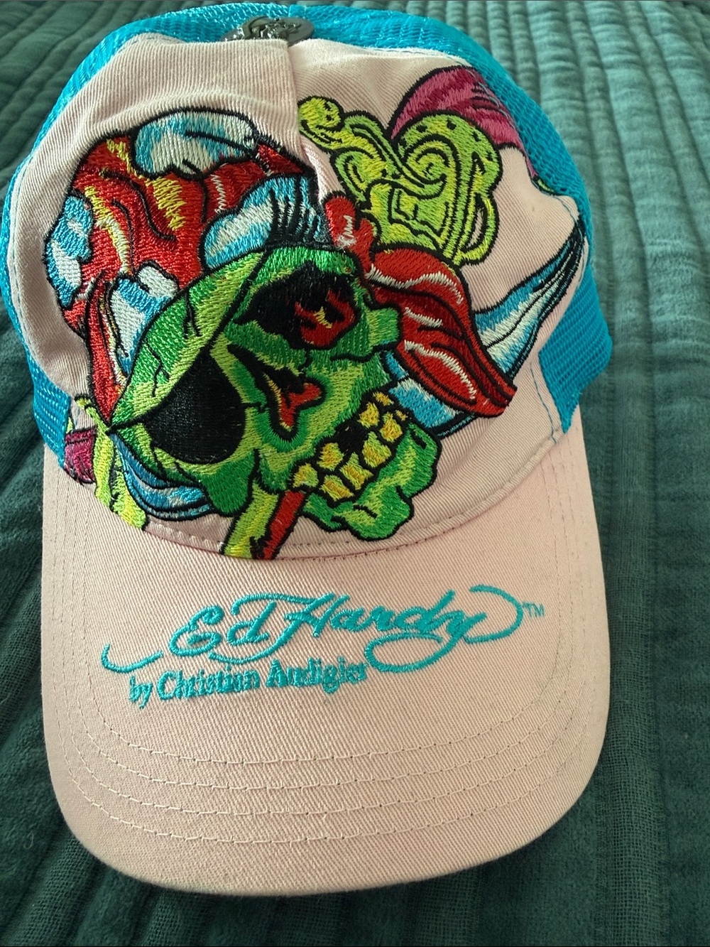 Ed Hardy Pink & Turquoise Embroidered Neon Skull Trucker Hat
